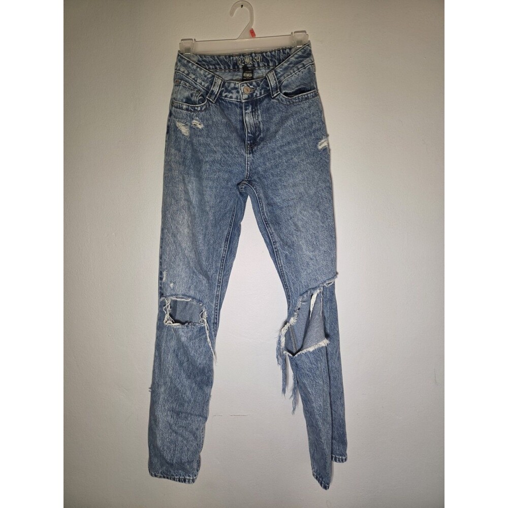 Rewash Jeans Womens 1/25 High Rise Distressed Ripped Knee Acid Wash Straight Leg
